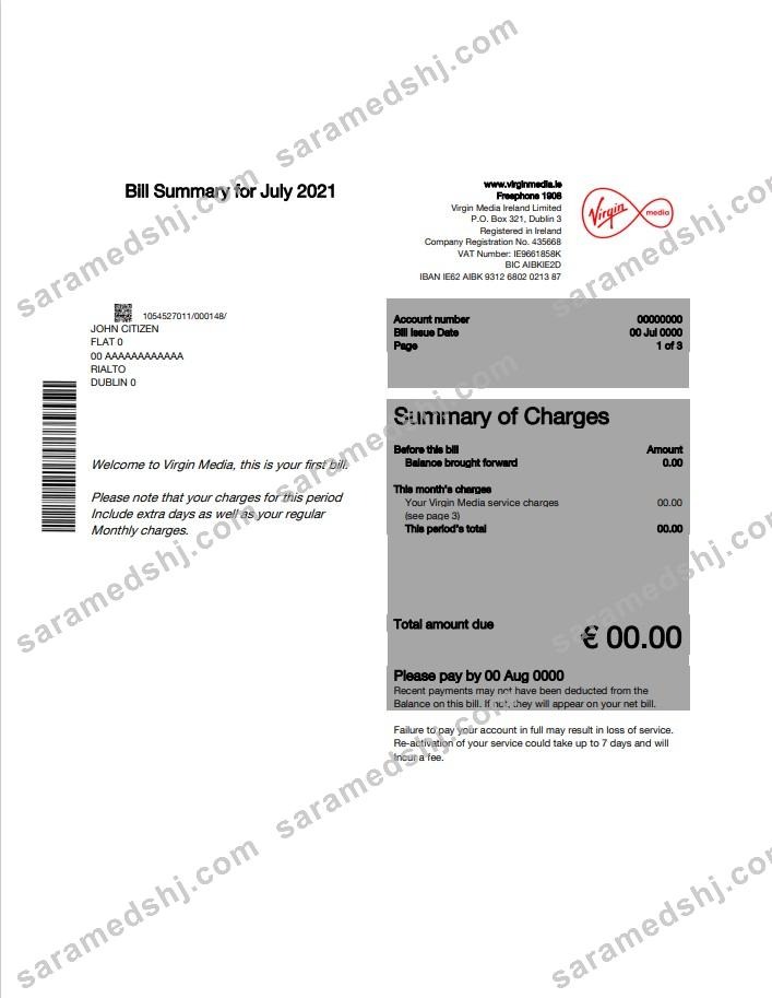 Ireland Virgin Media utility bill template editable in Word and PDF, version 1